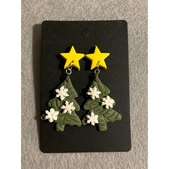 Christmas Tree with Snowflake Stud Earrings - Handmade, Polymer Clay - Picture 3 of 5